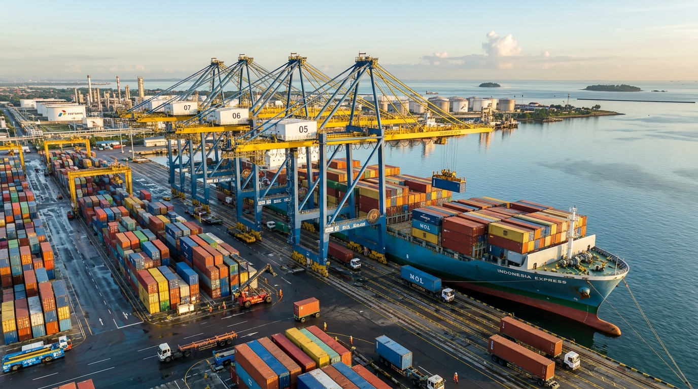 Ocean Cargo Container Vessel and Indonesian Port Terminal